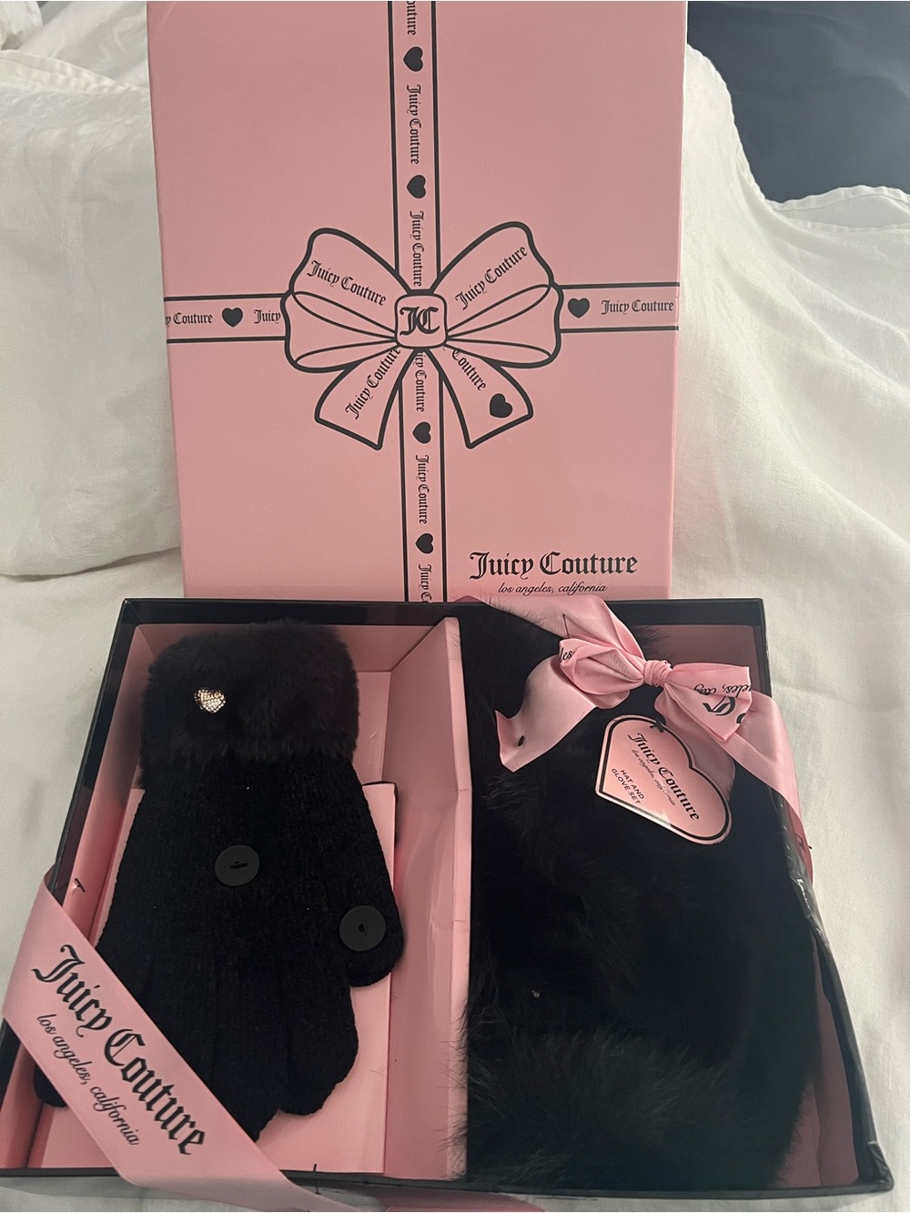 Juicy Couture Black Faux Fur Hat and Gloves with Heart Accent.